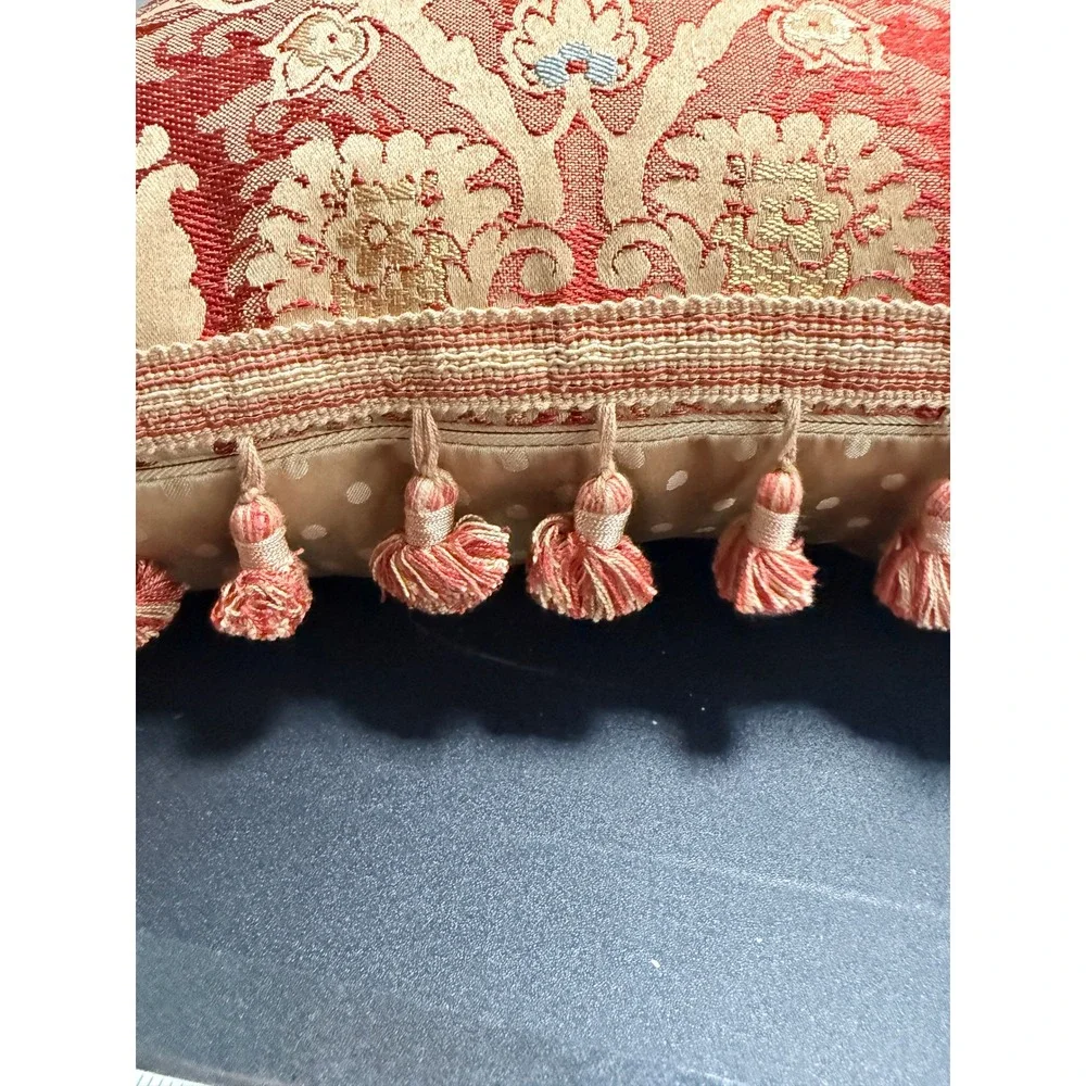 Waterford Linens Set of 2 Red Gold Damask Tassel Fringe Throw Pillows 18x18